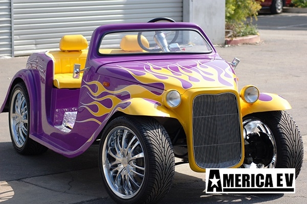 Purple California Roadster with Yellow Flames golf cart rental massachusetts, massachusetts golf cart rental